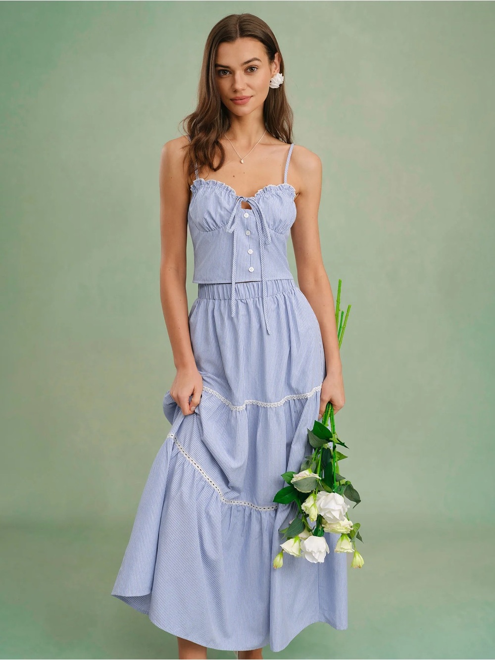 Rihoas Blue Stripe Maxi Skirt with Elastic Waistband - Picture 3 of 7